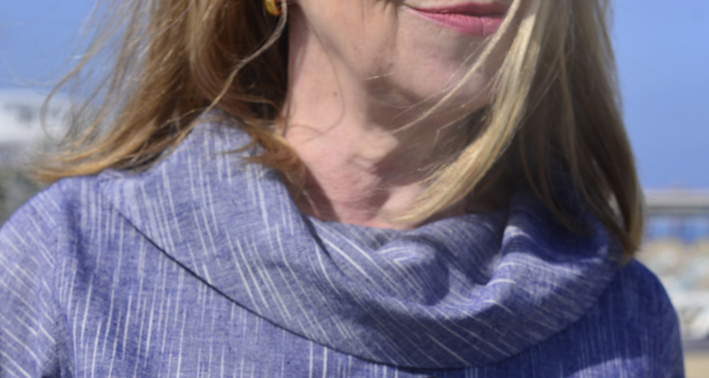 Blue cotton dress with cowl neck