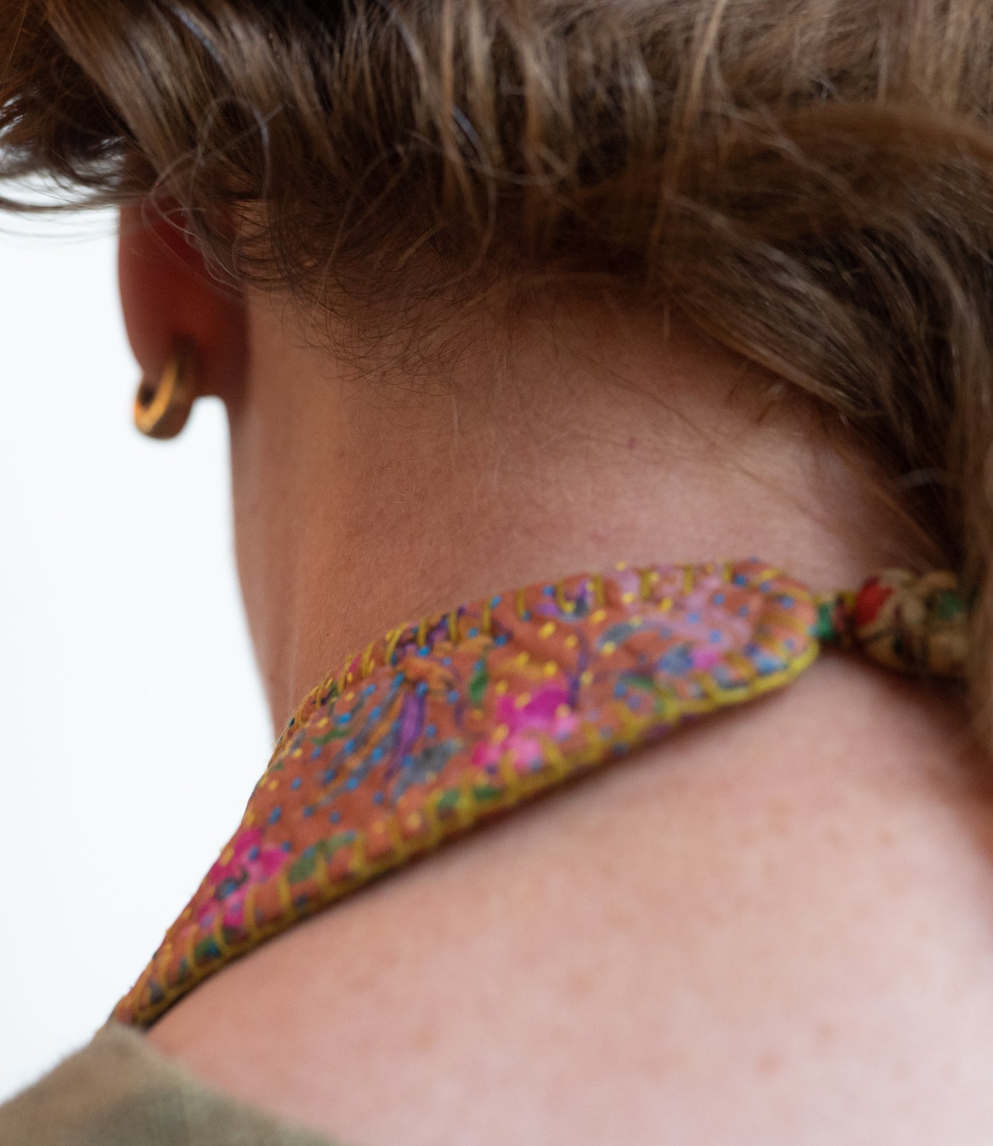 Beaded necklace silk ocher, embroidered