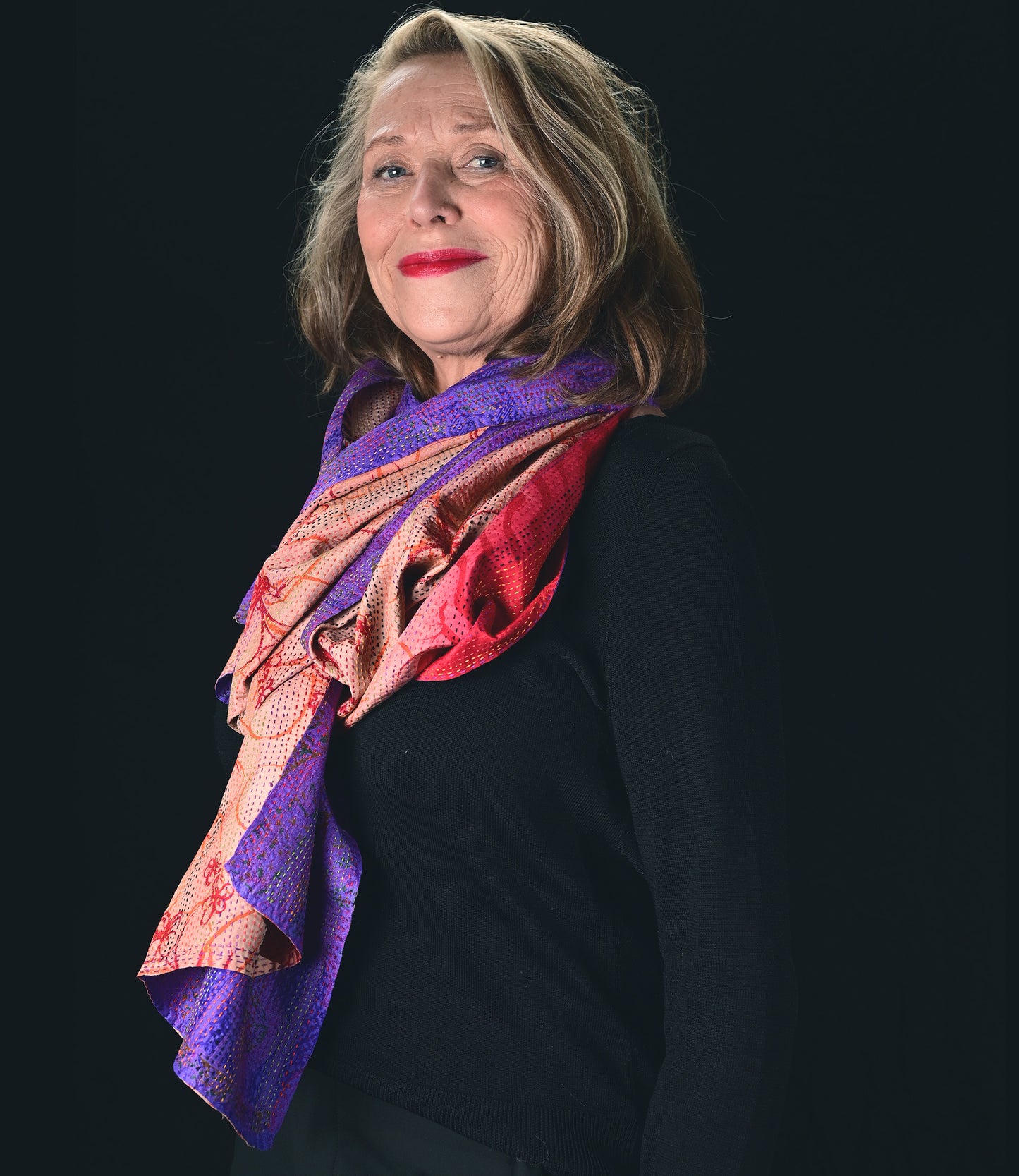 Kantha scarf recycled silk Red-Purple