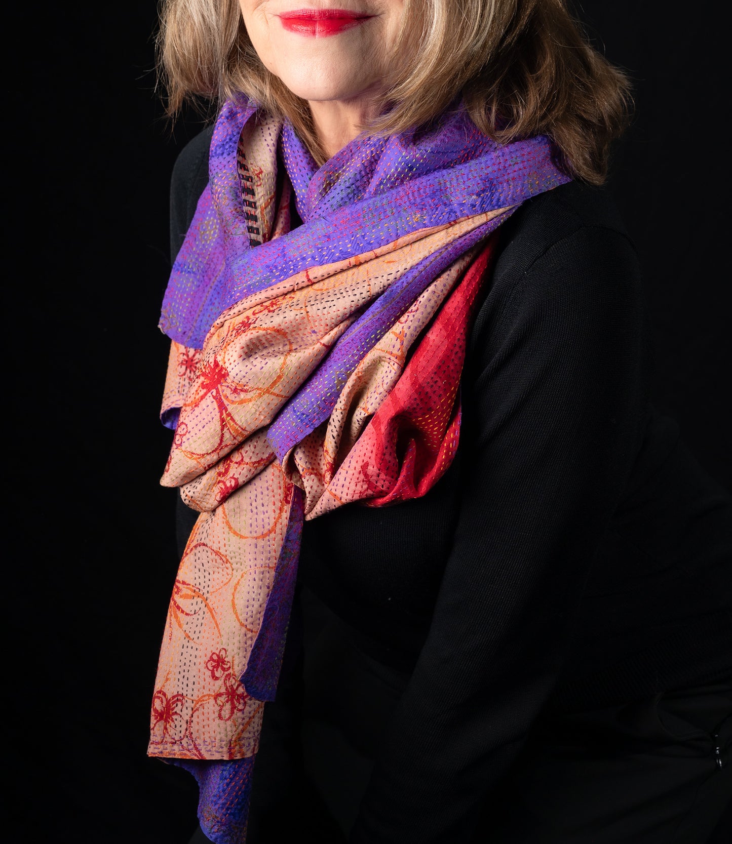 Kantha scarf recycled silk Red-Purple