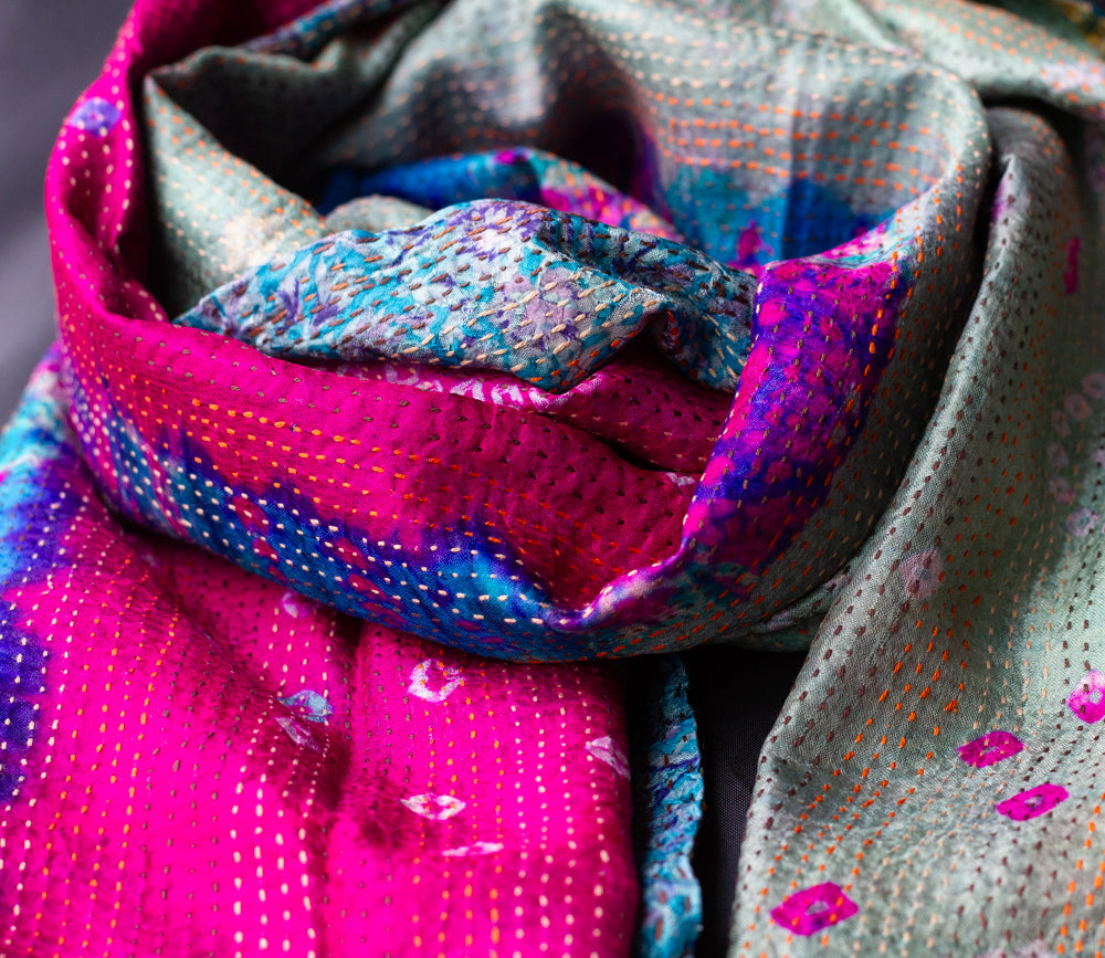 Kantha Sjaal zijde Groen Glanzend-Roze tweezijdig draagbaar