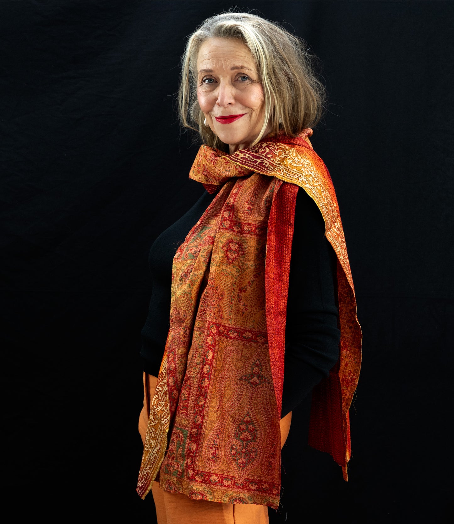 Kantha scarf recycled silk royal Orange