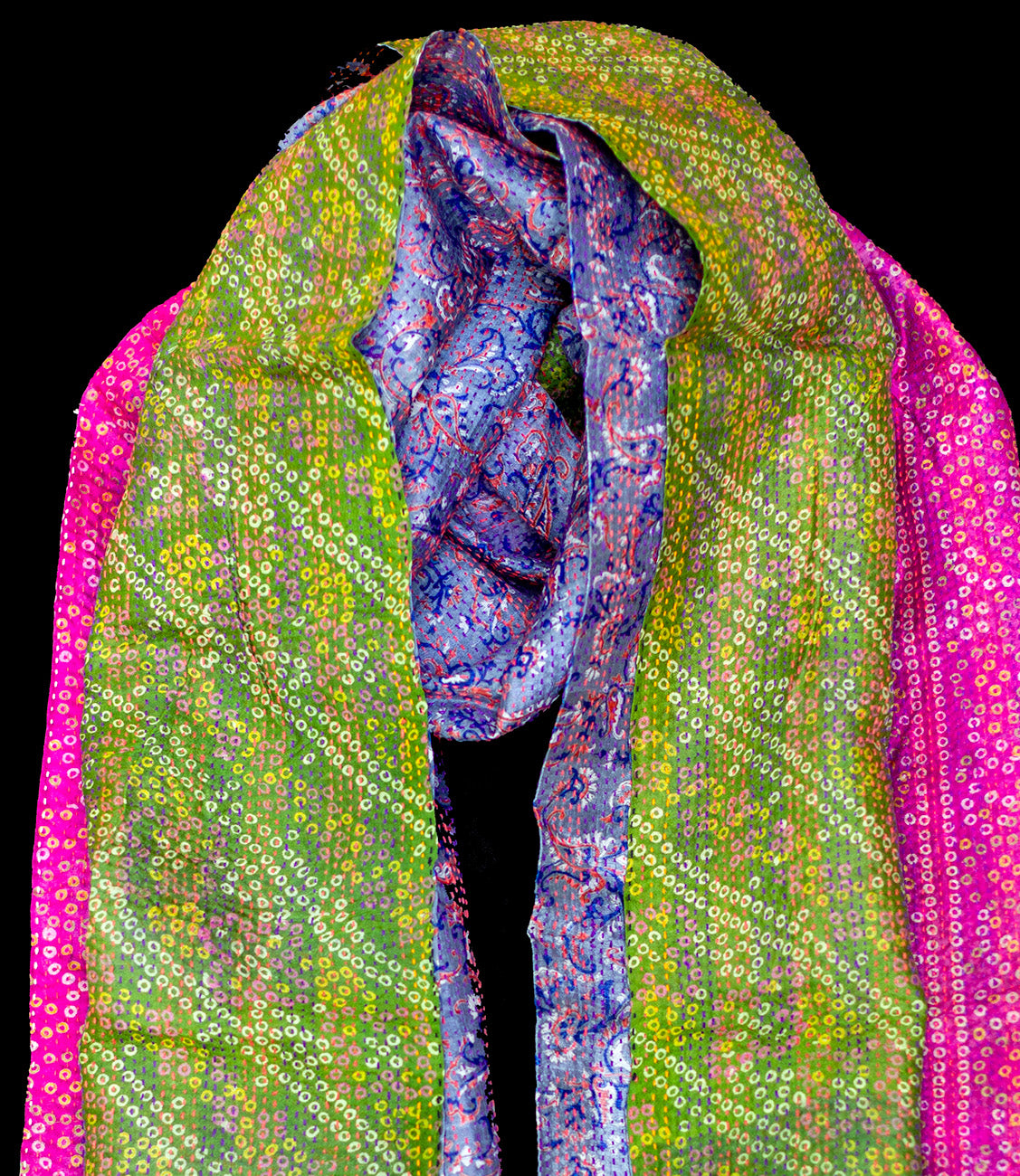 Kantha scarf recycled silk Orange-blue with gold edge