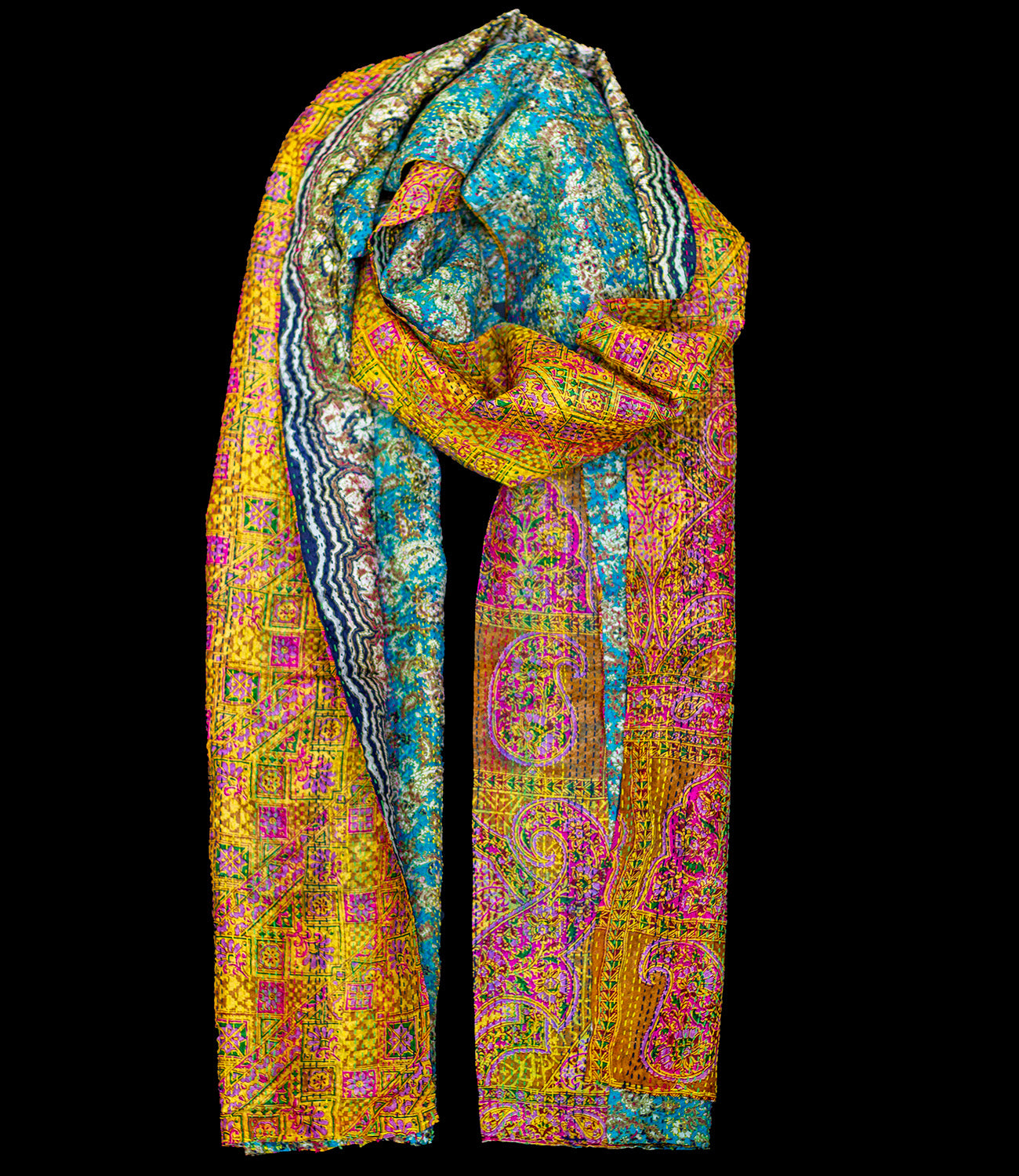 Kantha Sjaal zijde Goudgeel-Groen tweezijdig draagbaar