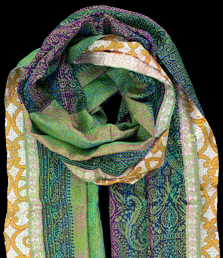 Kantha scarf recycled silk orange-green