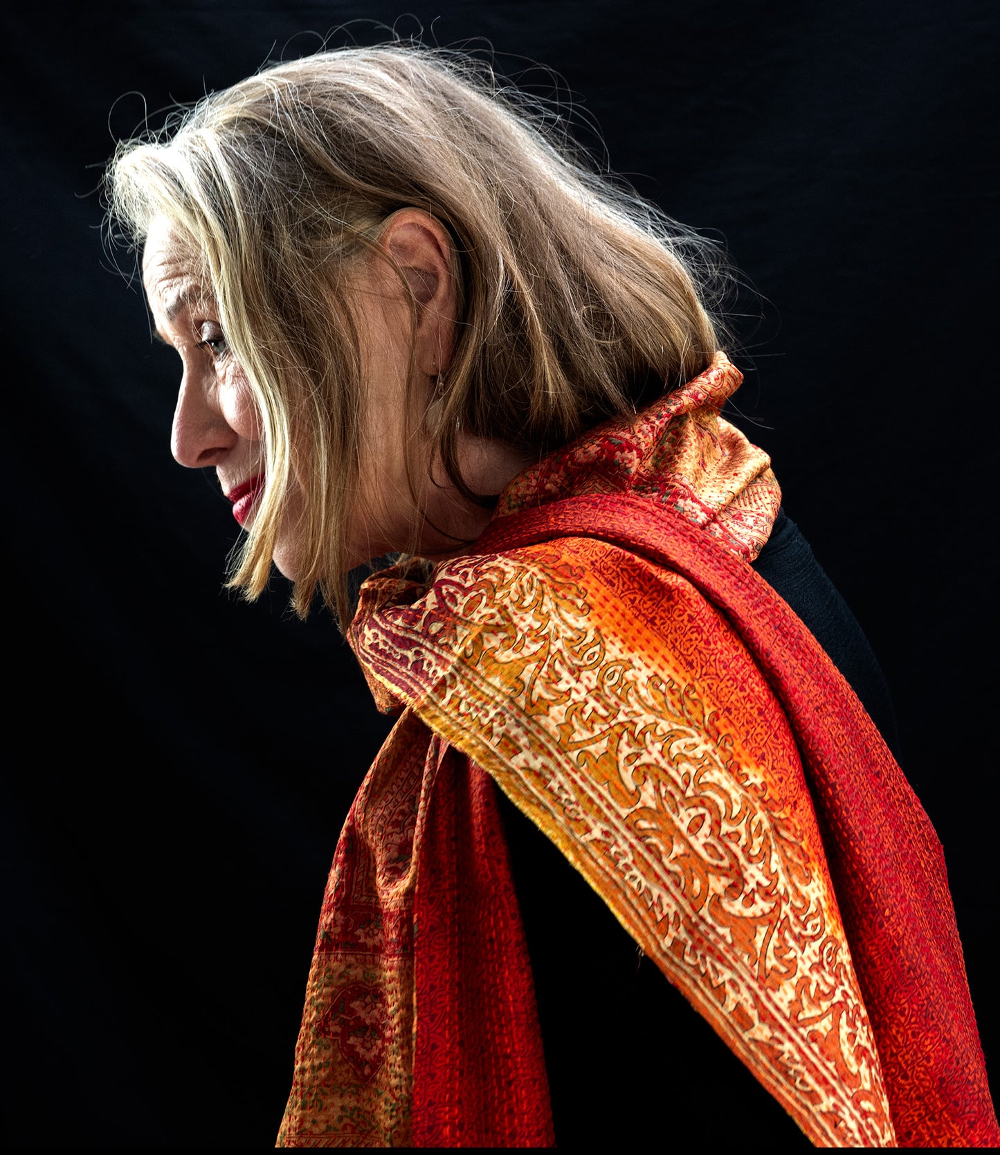 Kantha scarf recycled silk royal Orange