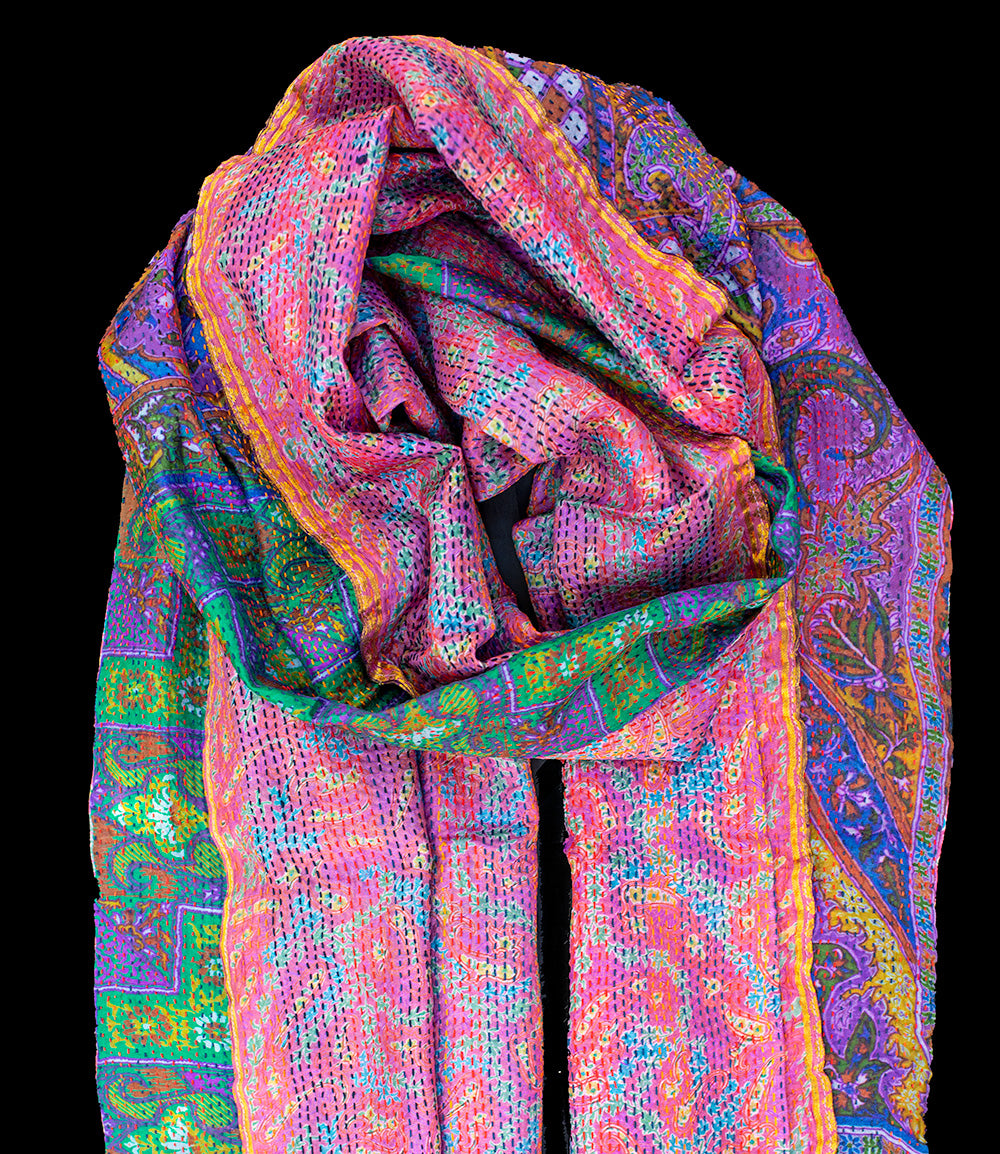 Kantha sjaal hergebruikte zijde Roze-Paars-Groen