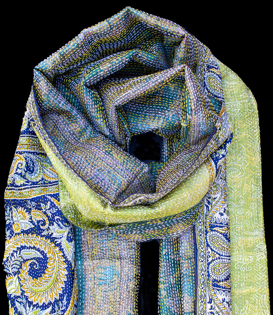 Kantha sjaal hergebruikte zijde Groen-Blauw Paisley