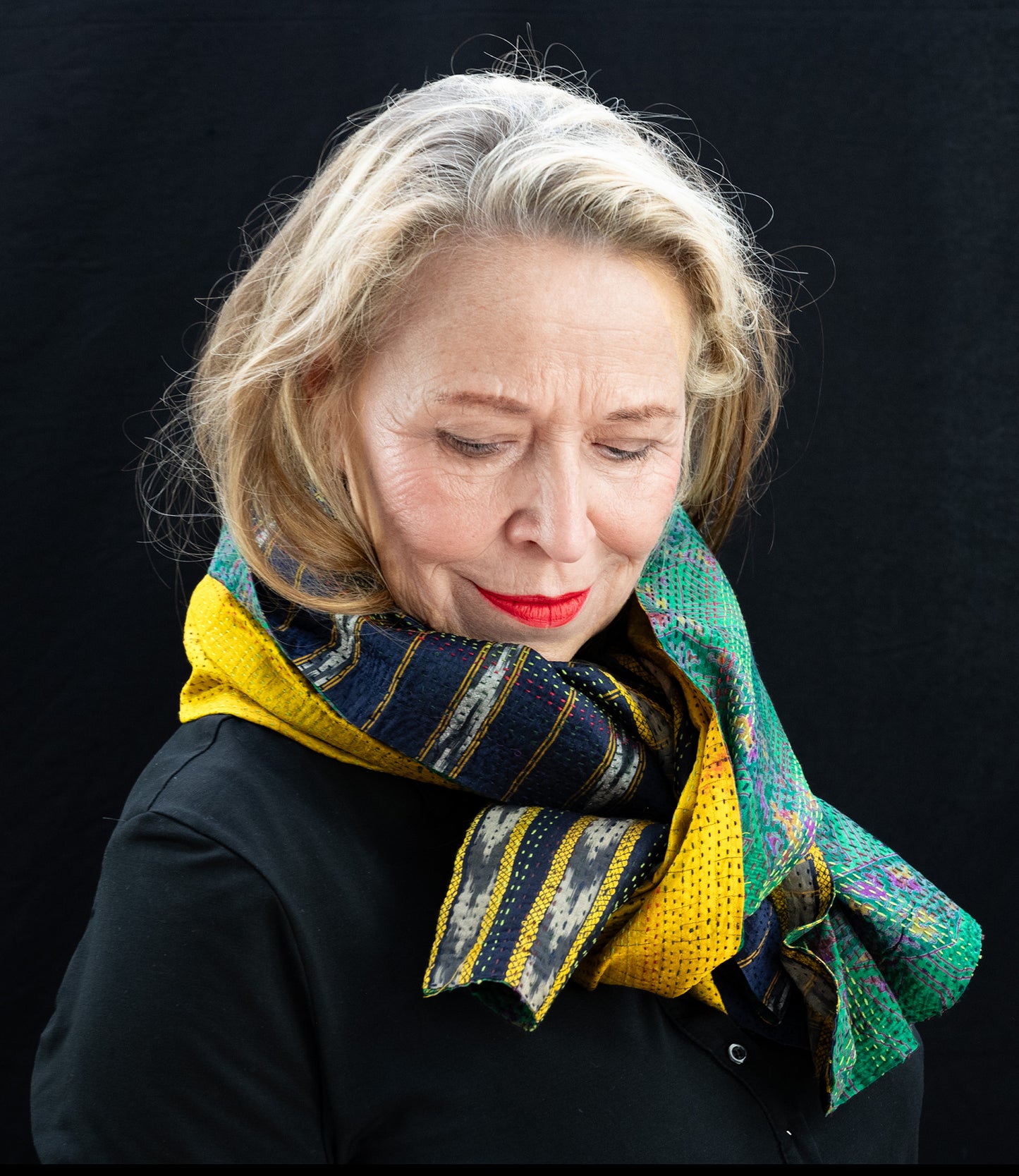 Kantha scarf recycled silk Golden Yellow-Green