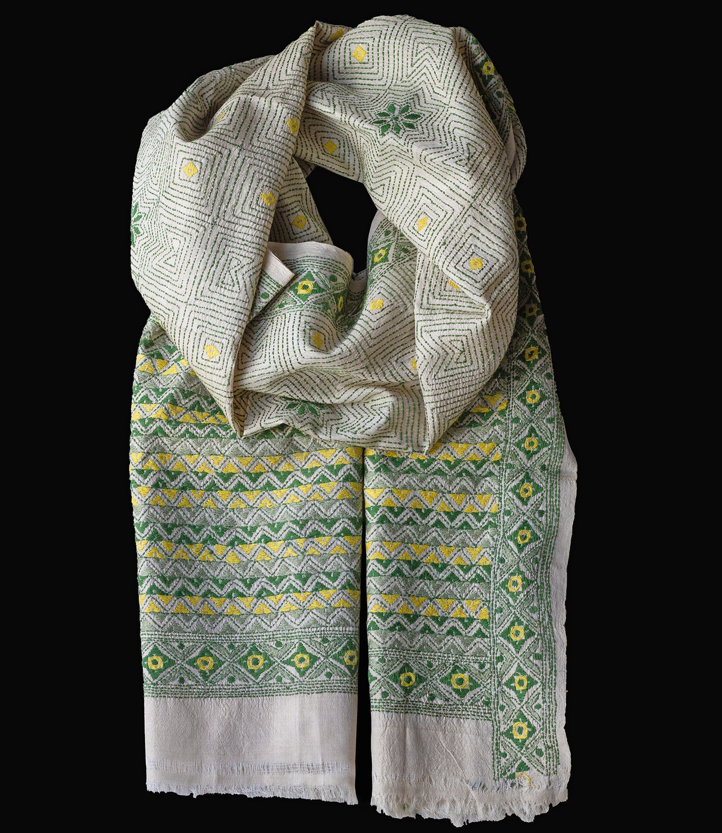 Nakshi Kantha sjaal Green Geometry