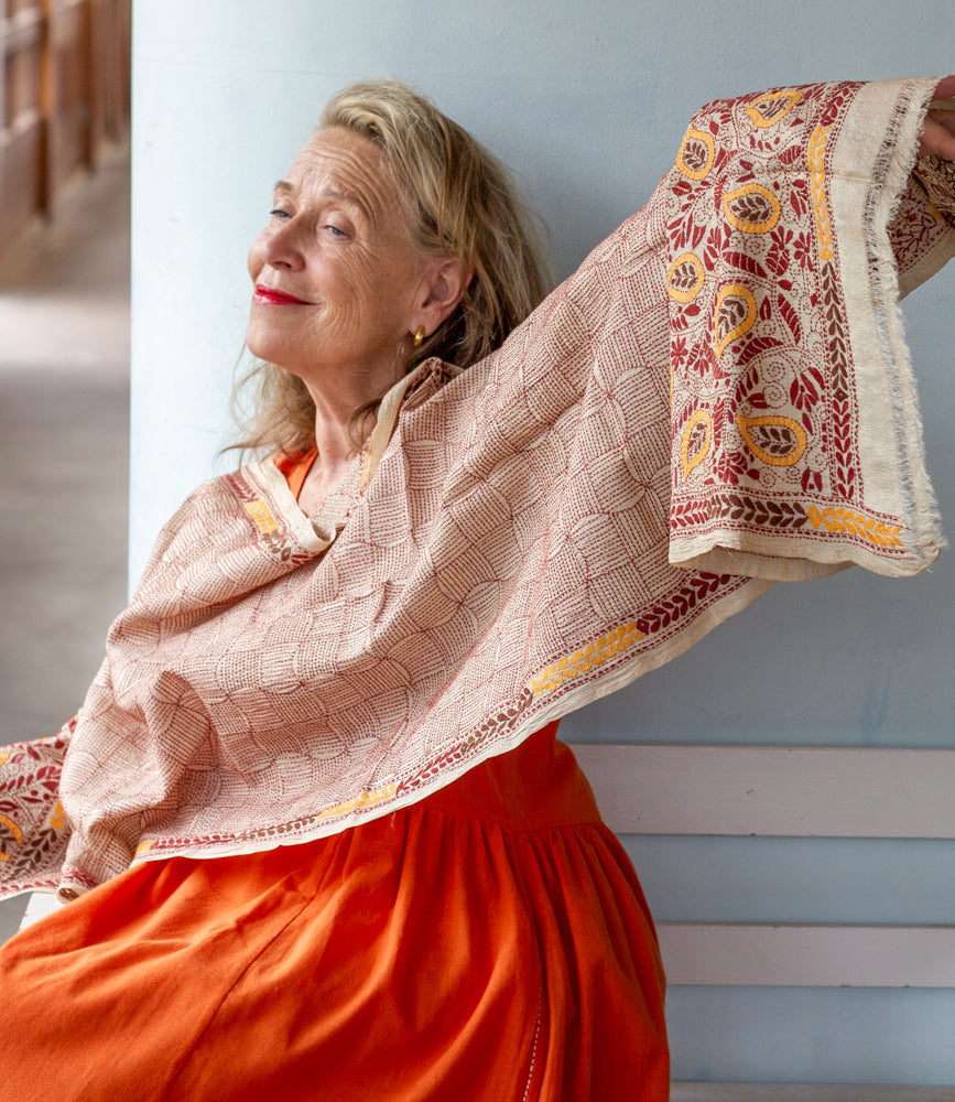 Nakshi Kantha scarf Magenta Geometry