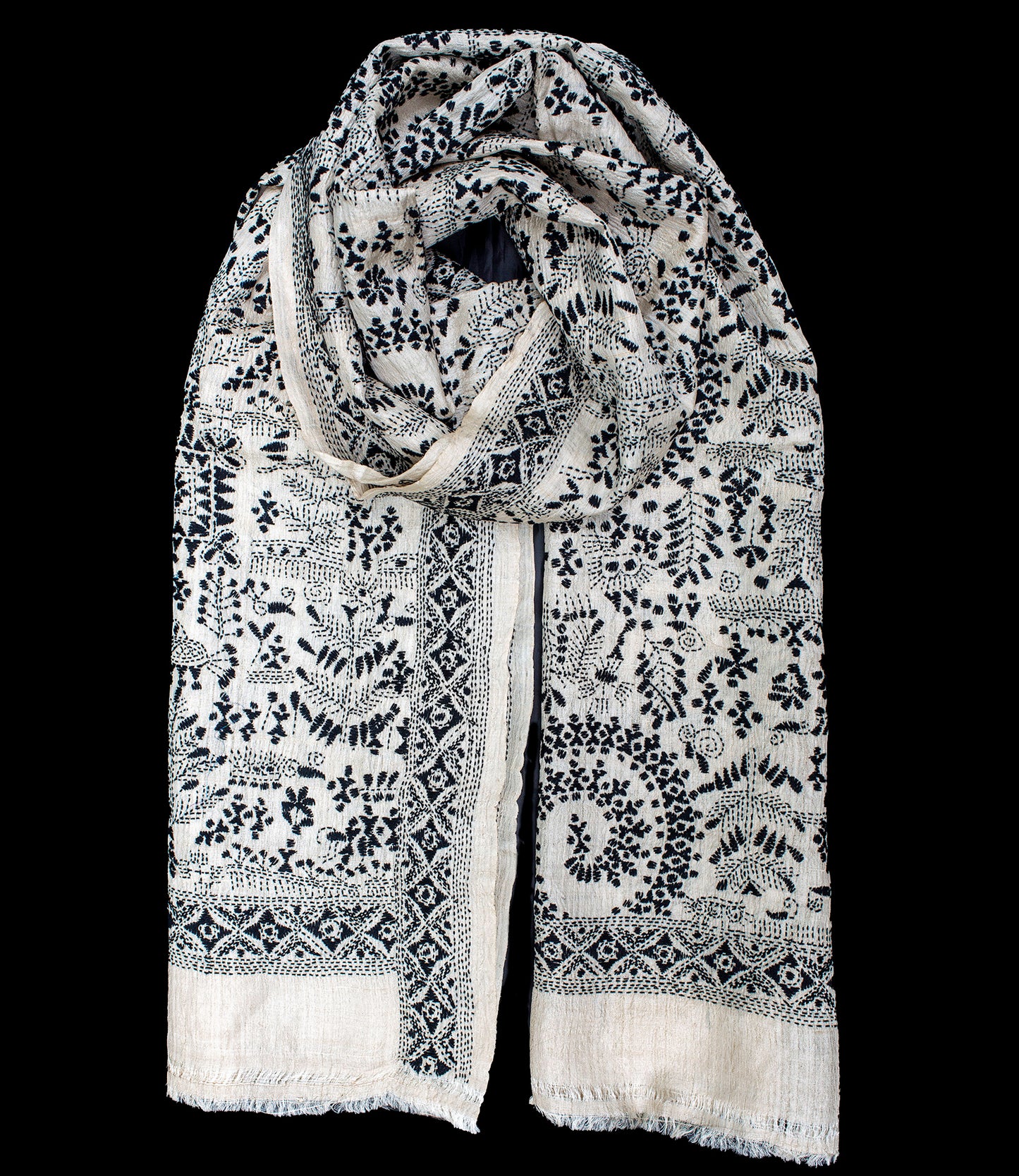 Nakshi Kantha sjaal Zwart Warli