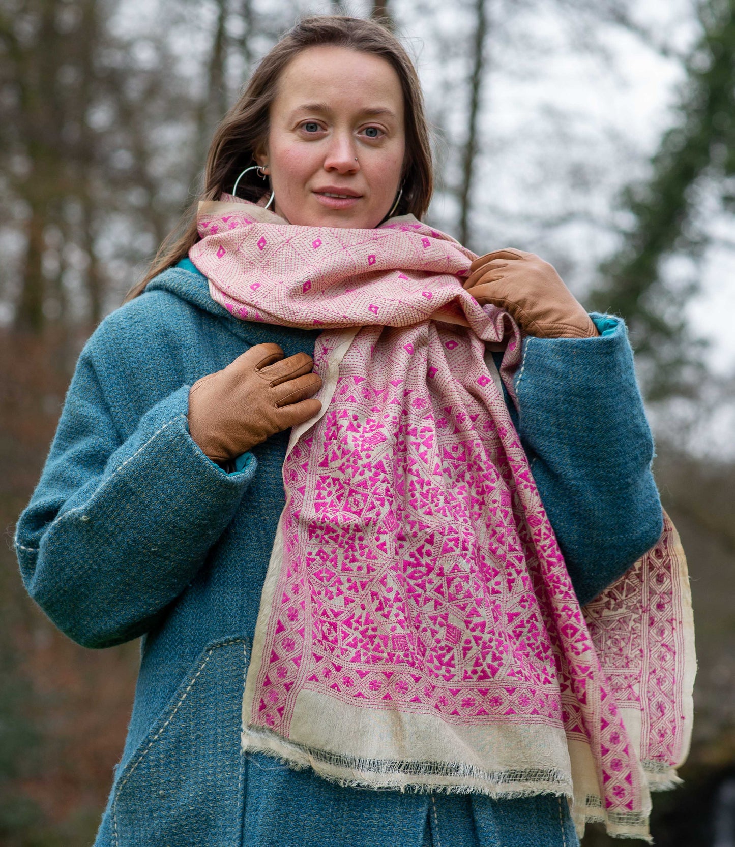 Nakshi Kantha scarf Magenta Geometry