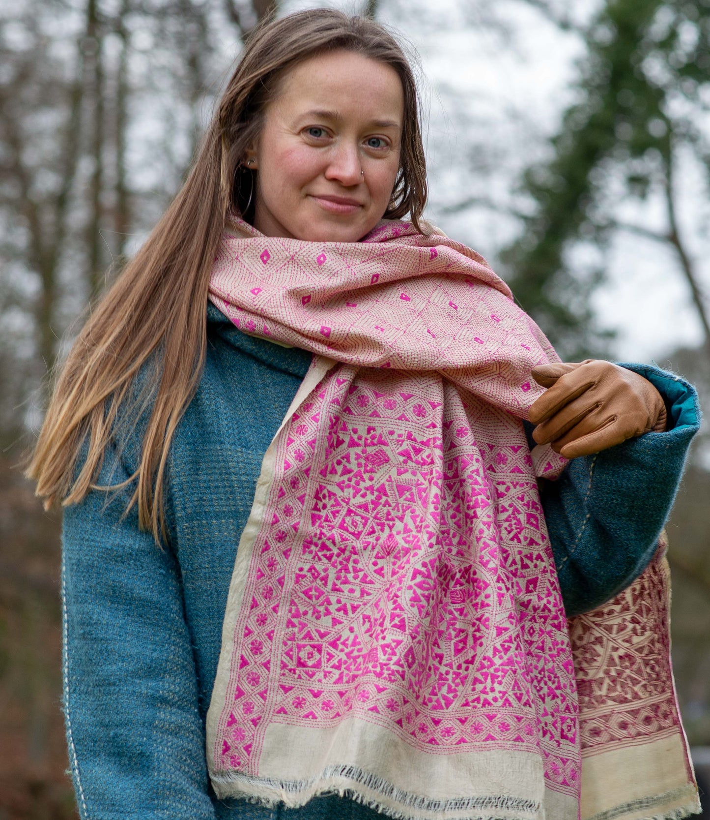 Nakshi Kantha scarf Magenta Geometry
