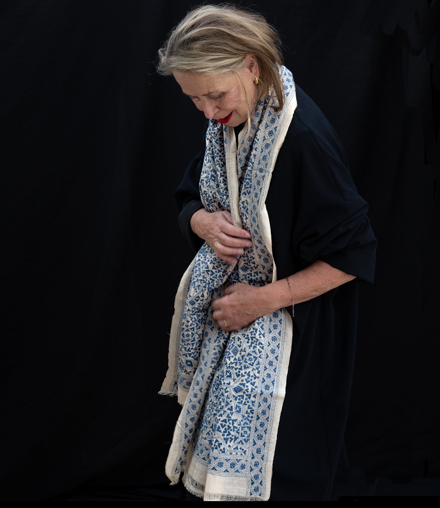 Nakshi Kantha sjaal Blue Geometry