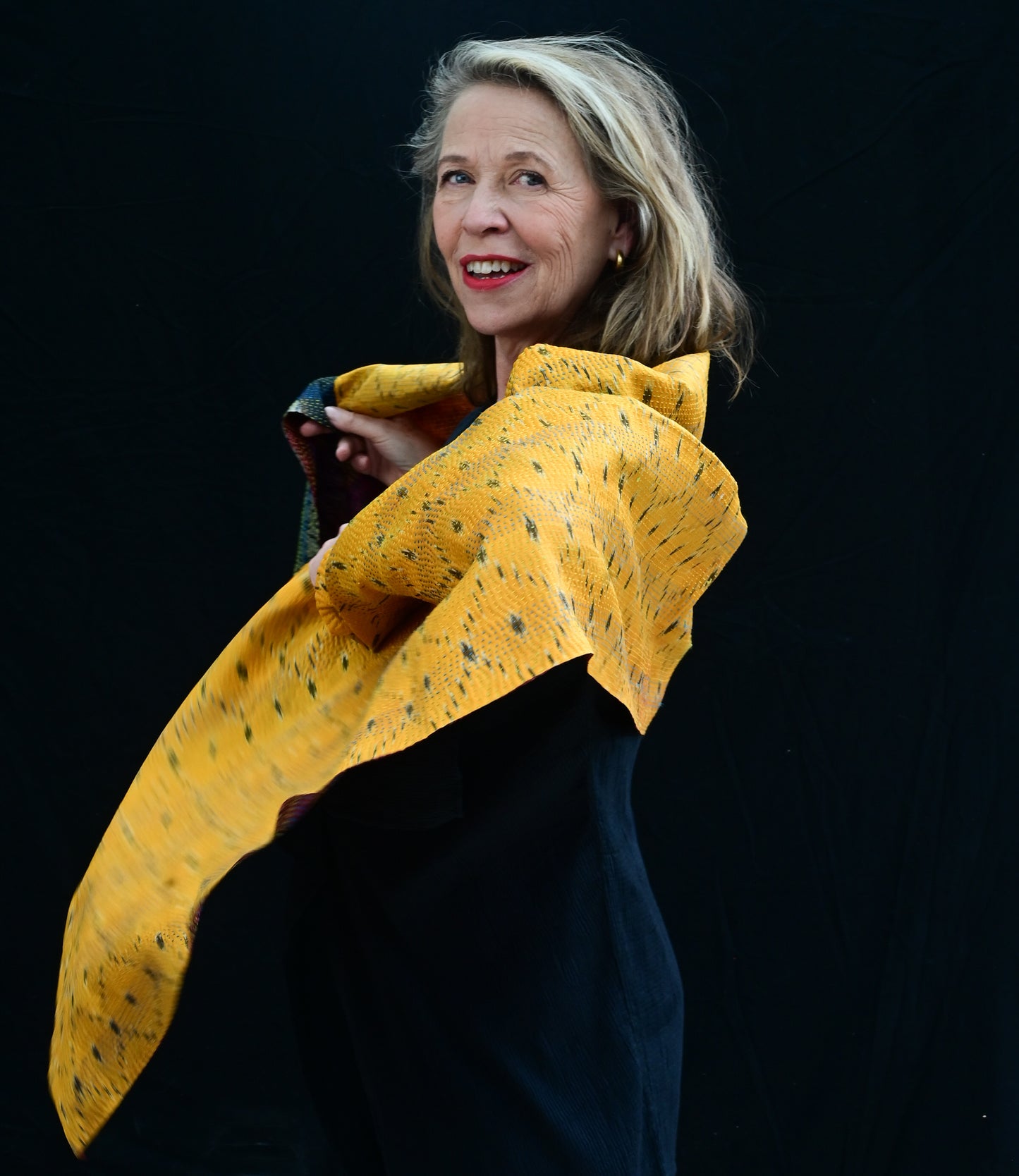 Kantha scarf recycled silk yellow-blue-pink
