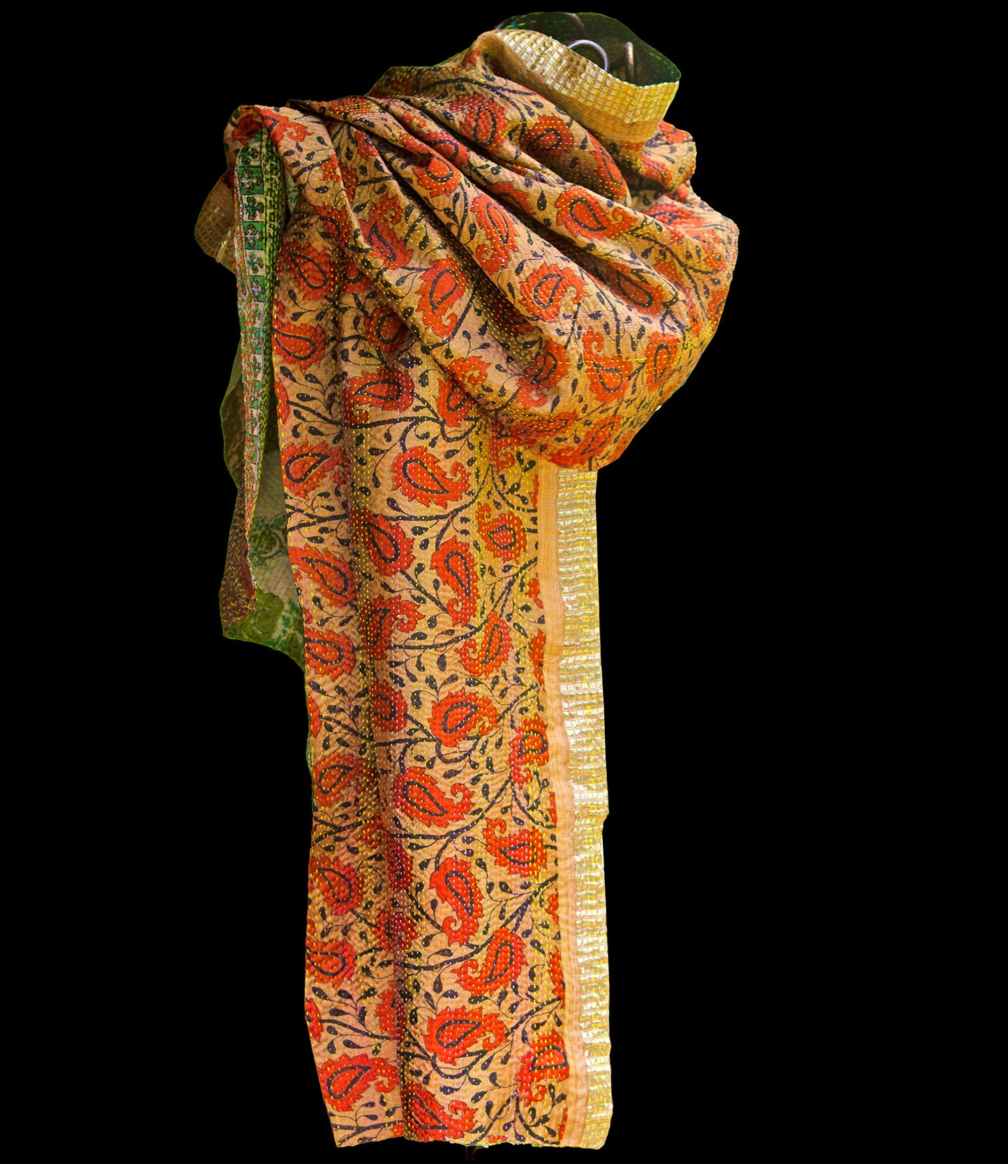 Kantha scarf recycled silk orange-green