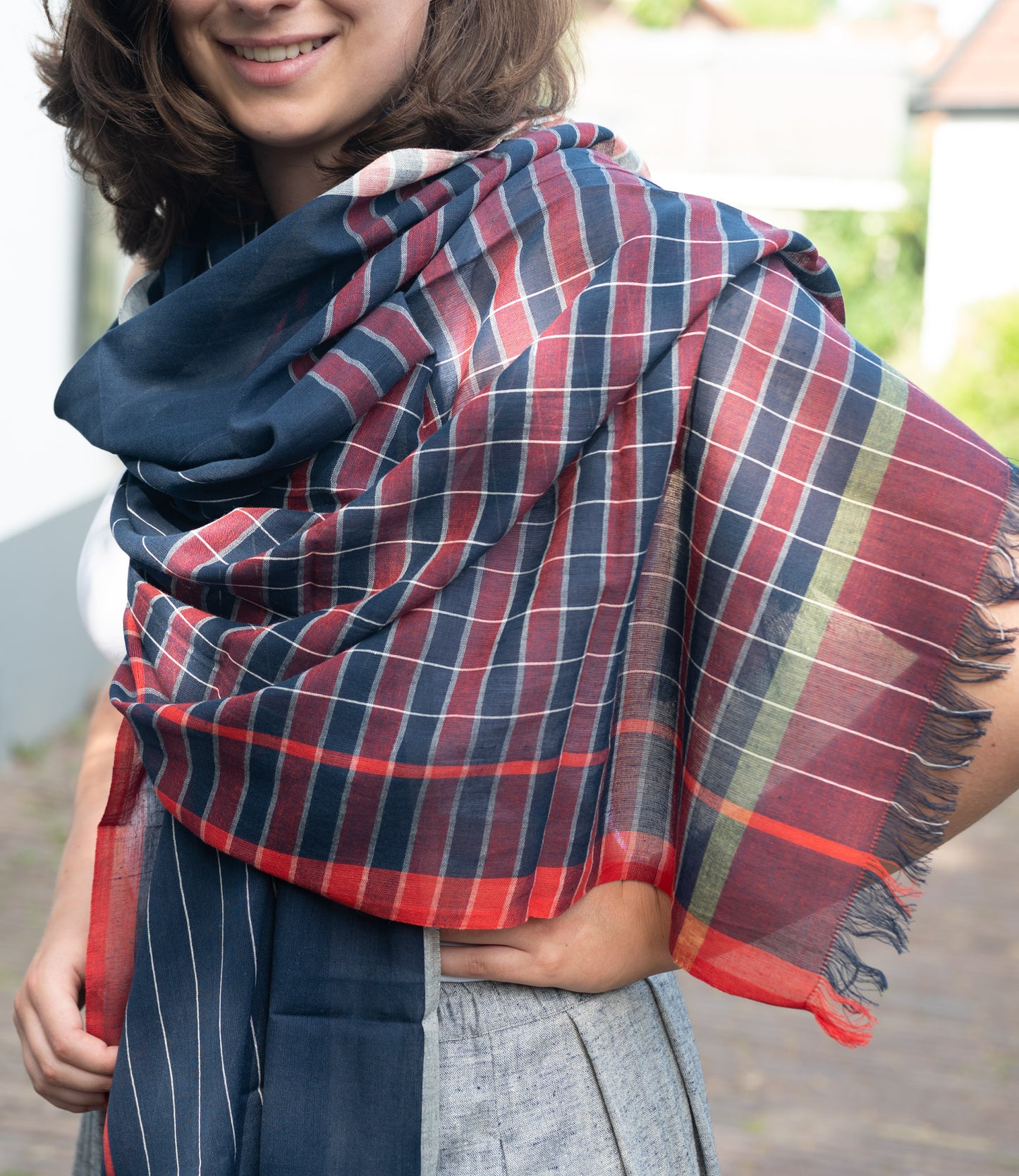 Katoenen sjaal blauw-rood geruit