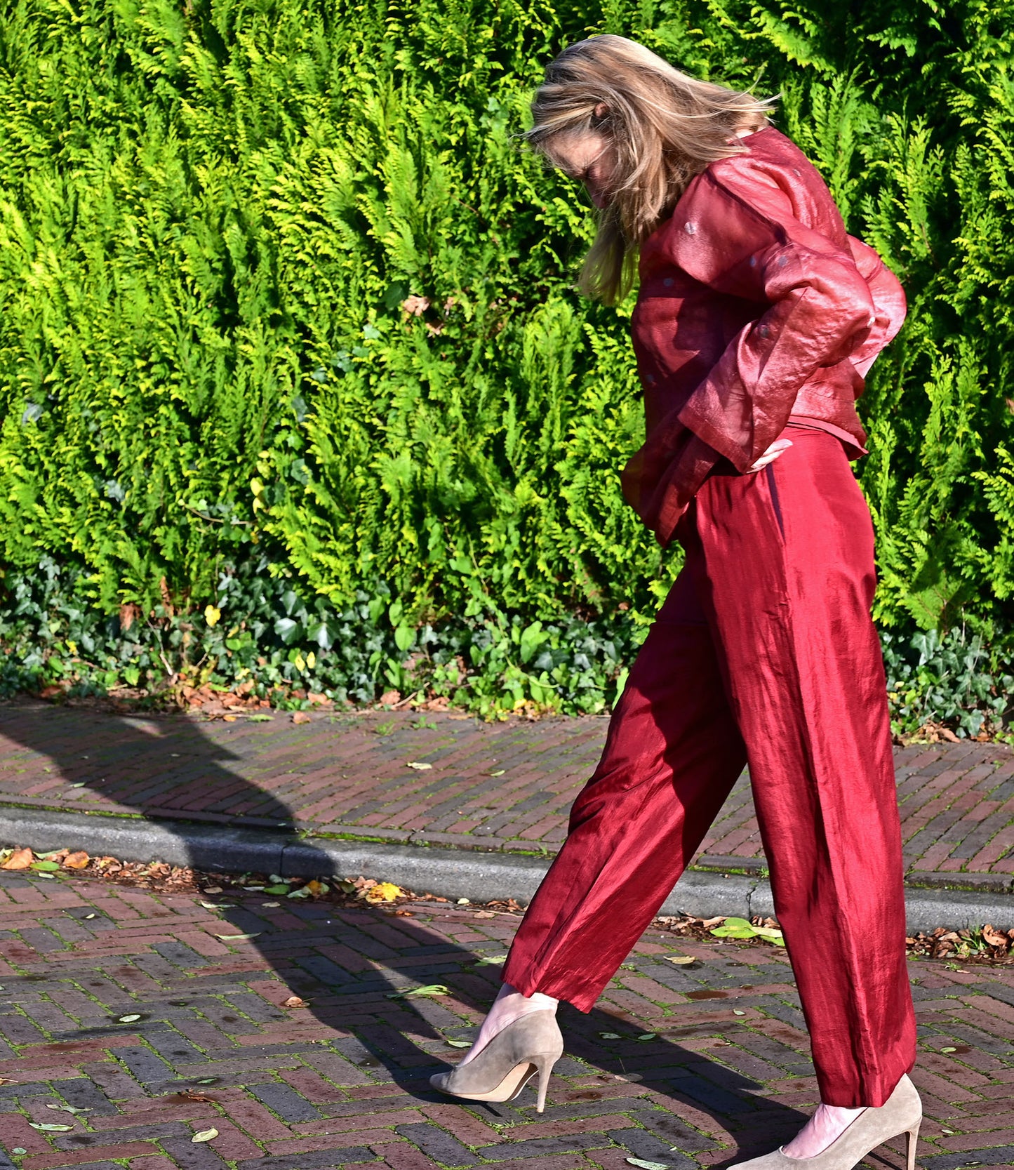 Red silk trousers, lined