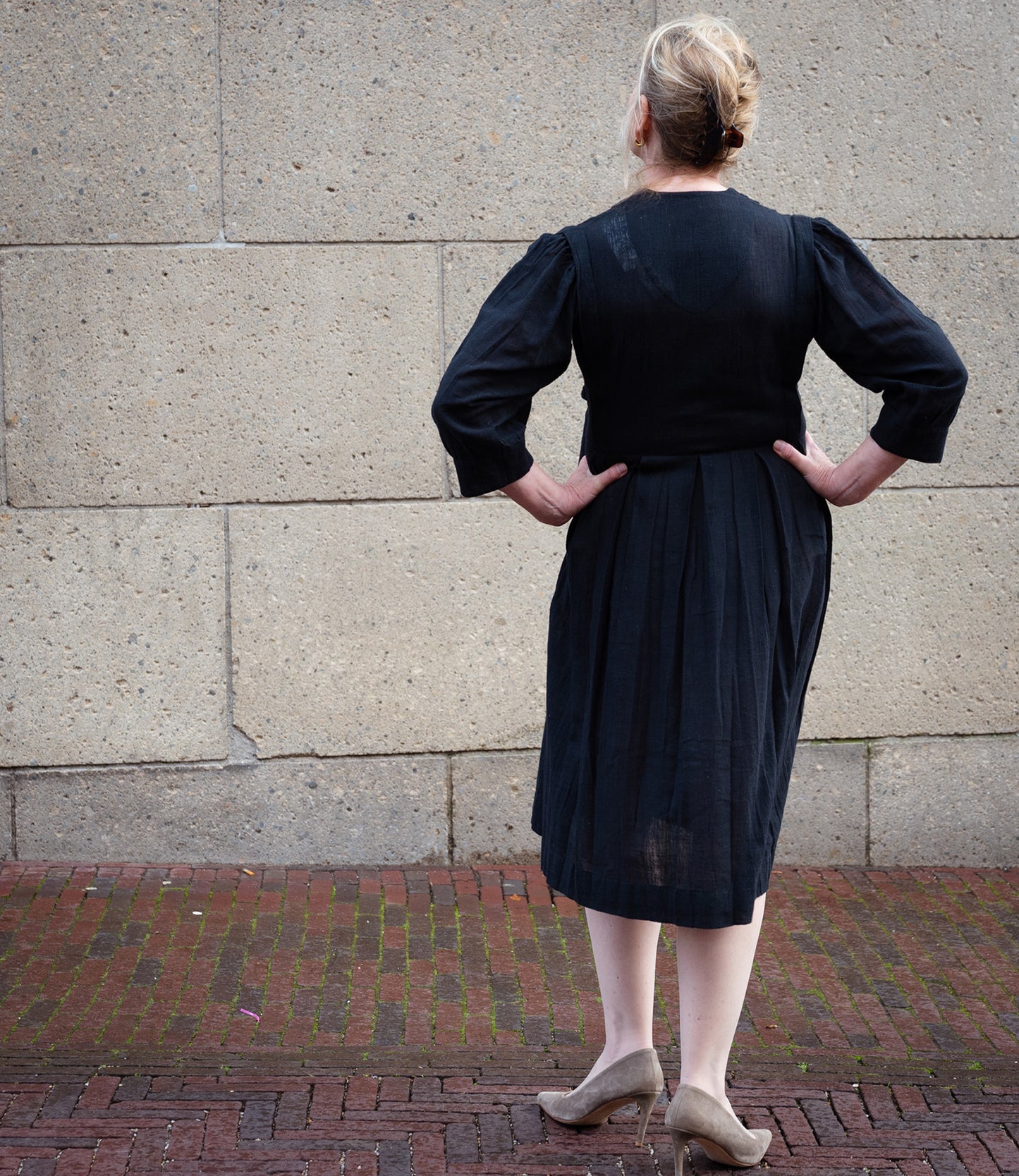 Black cotton dress with three quarter sleeves