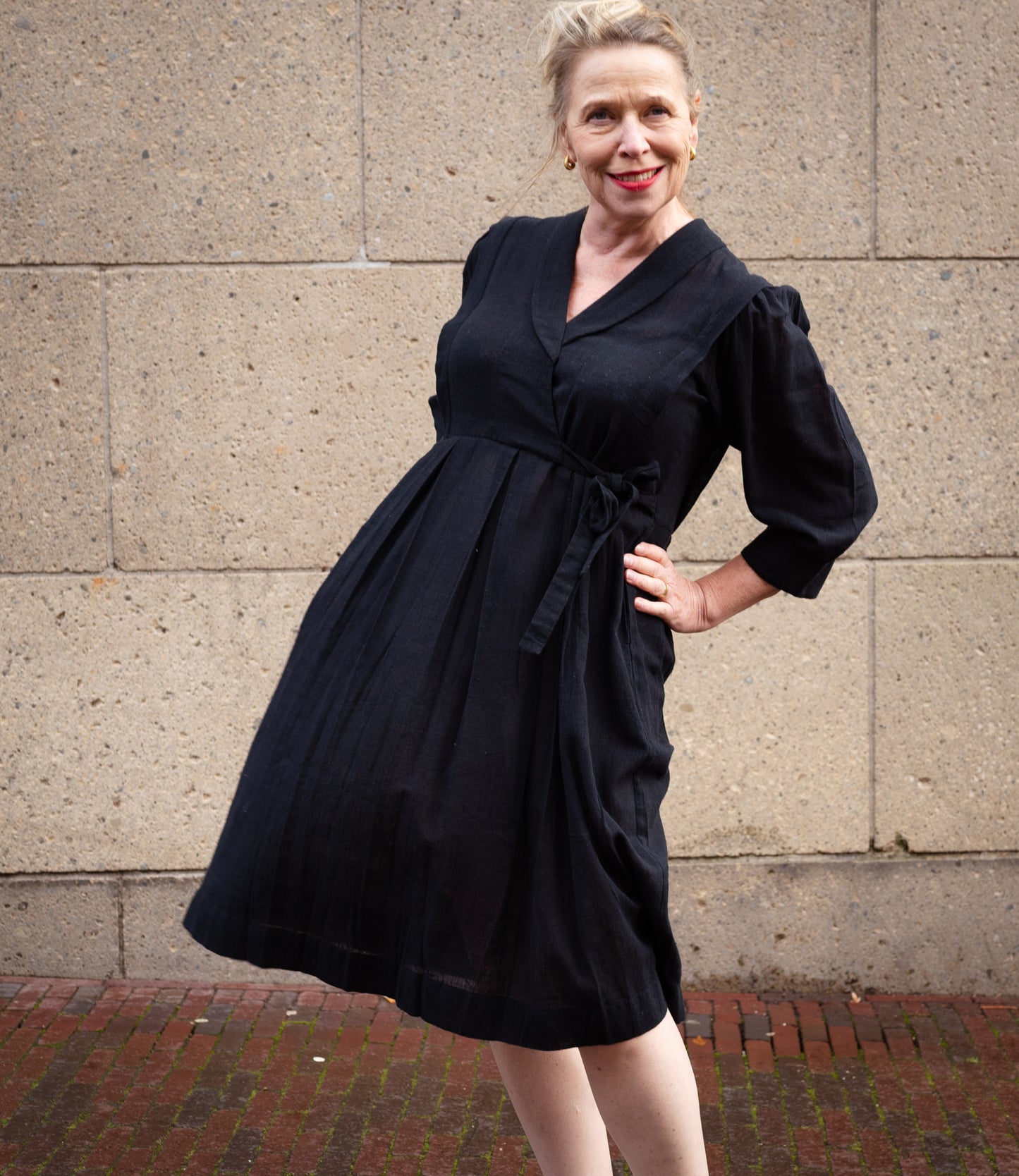 Black cotton dress with three quarter sleeves