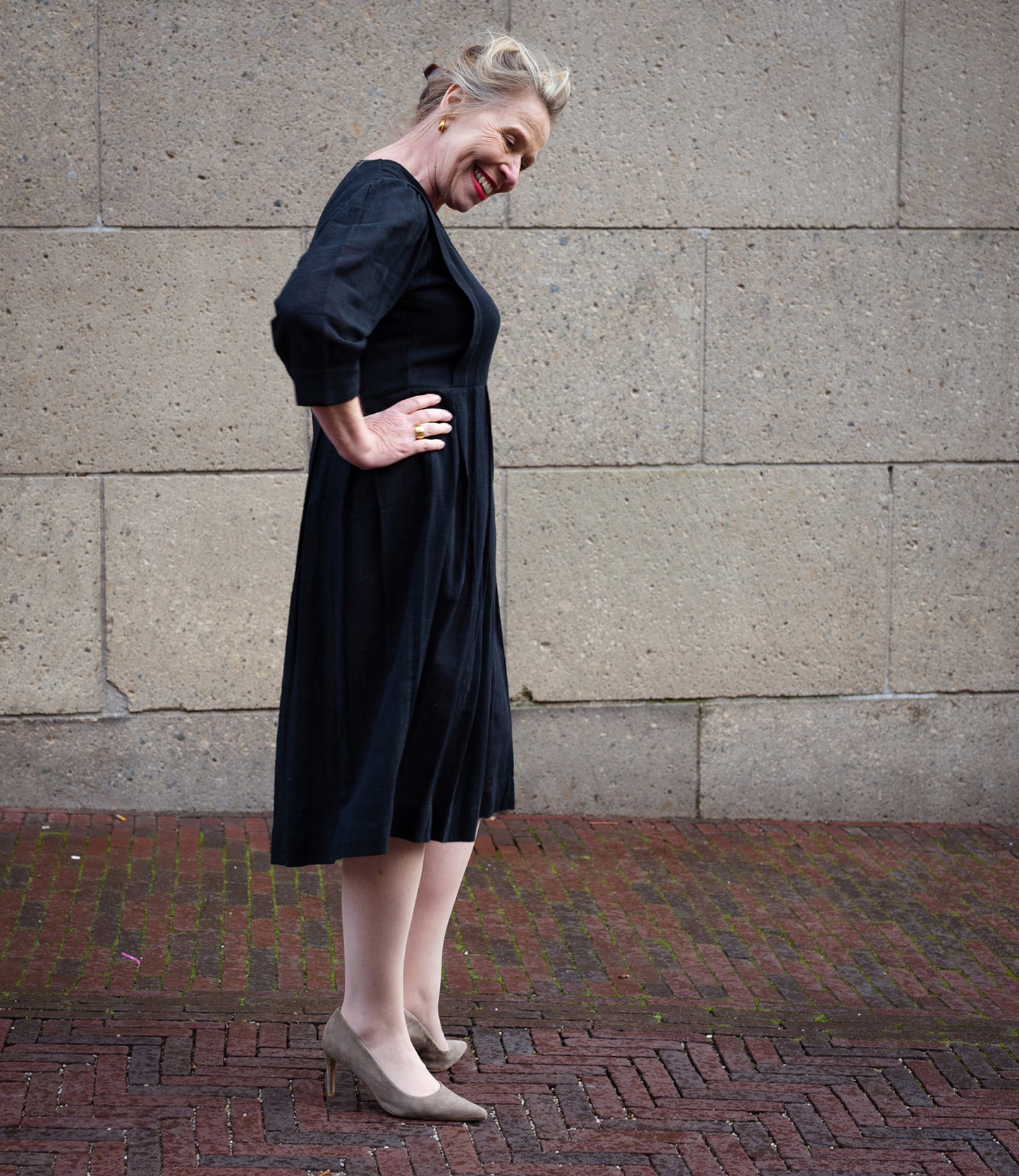 Black cotton dress with three quarter sleeves