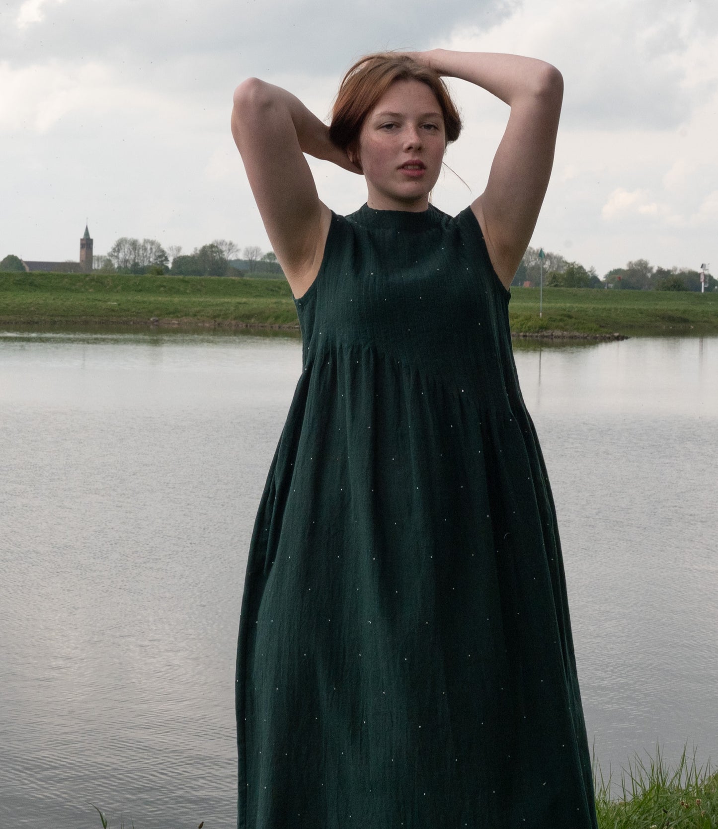 Dark green sleeveless cotton dress