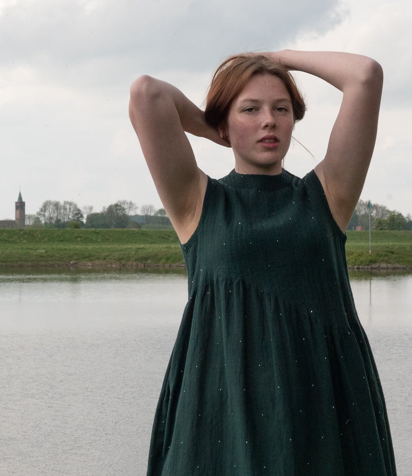 Dark green sleeveless cotton dress