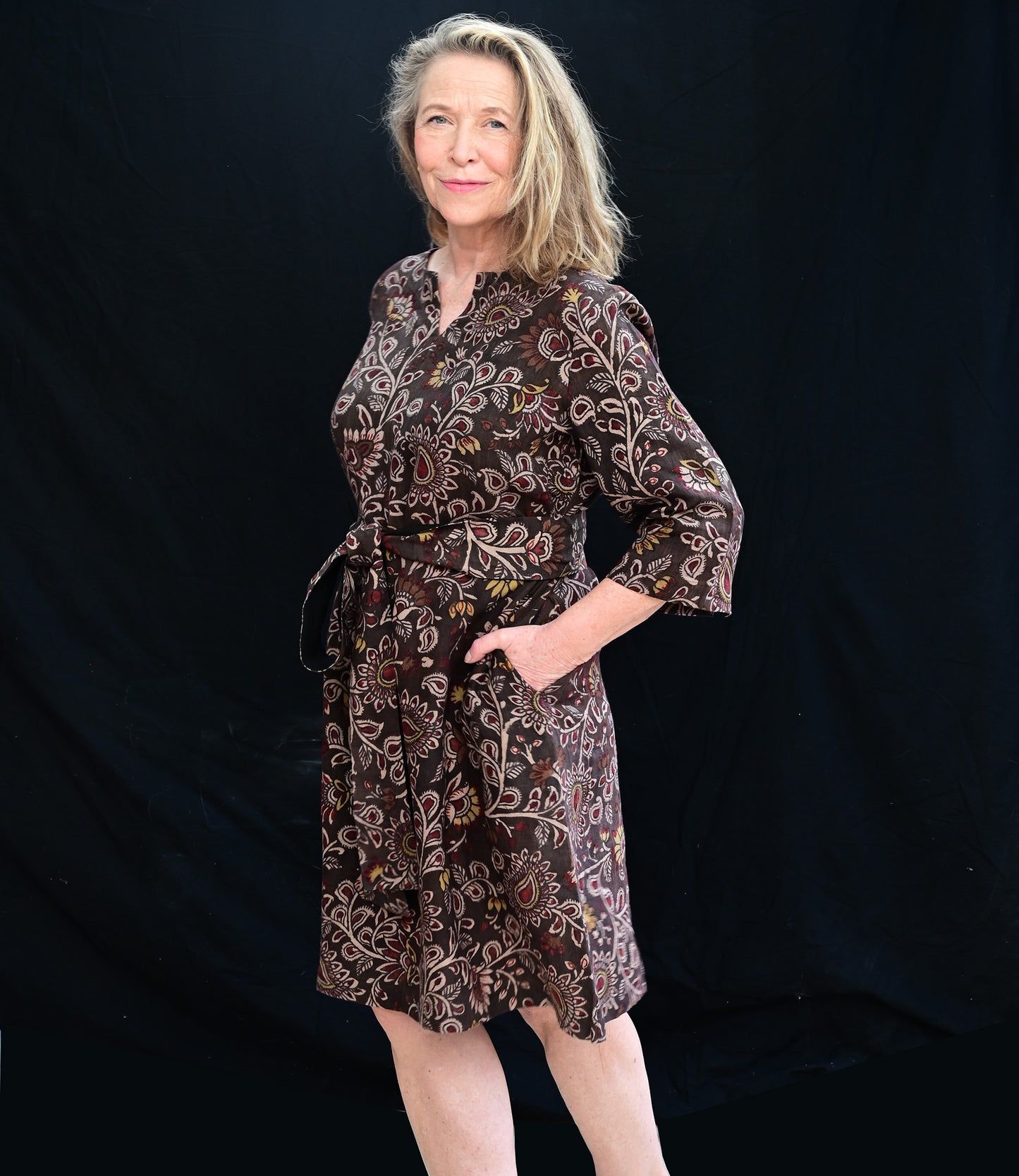 Linen dress handpainted in warm brown-red tones