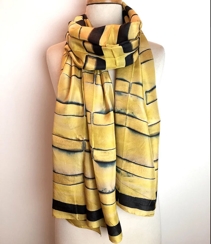 Zijden sjaal geel-zwart handgeverfd