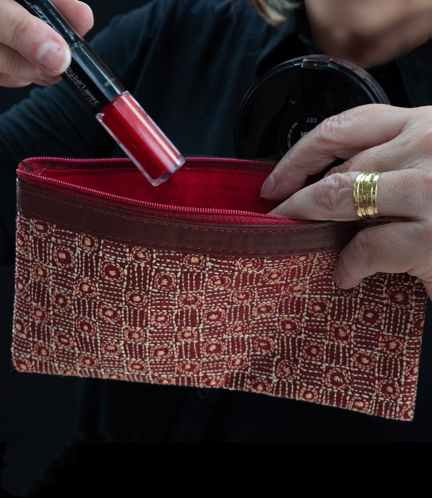 Embroidered silk pouch red