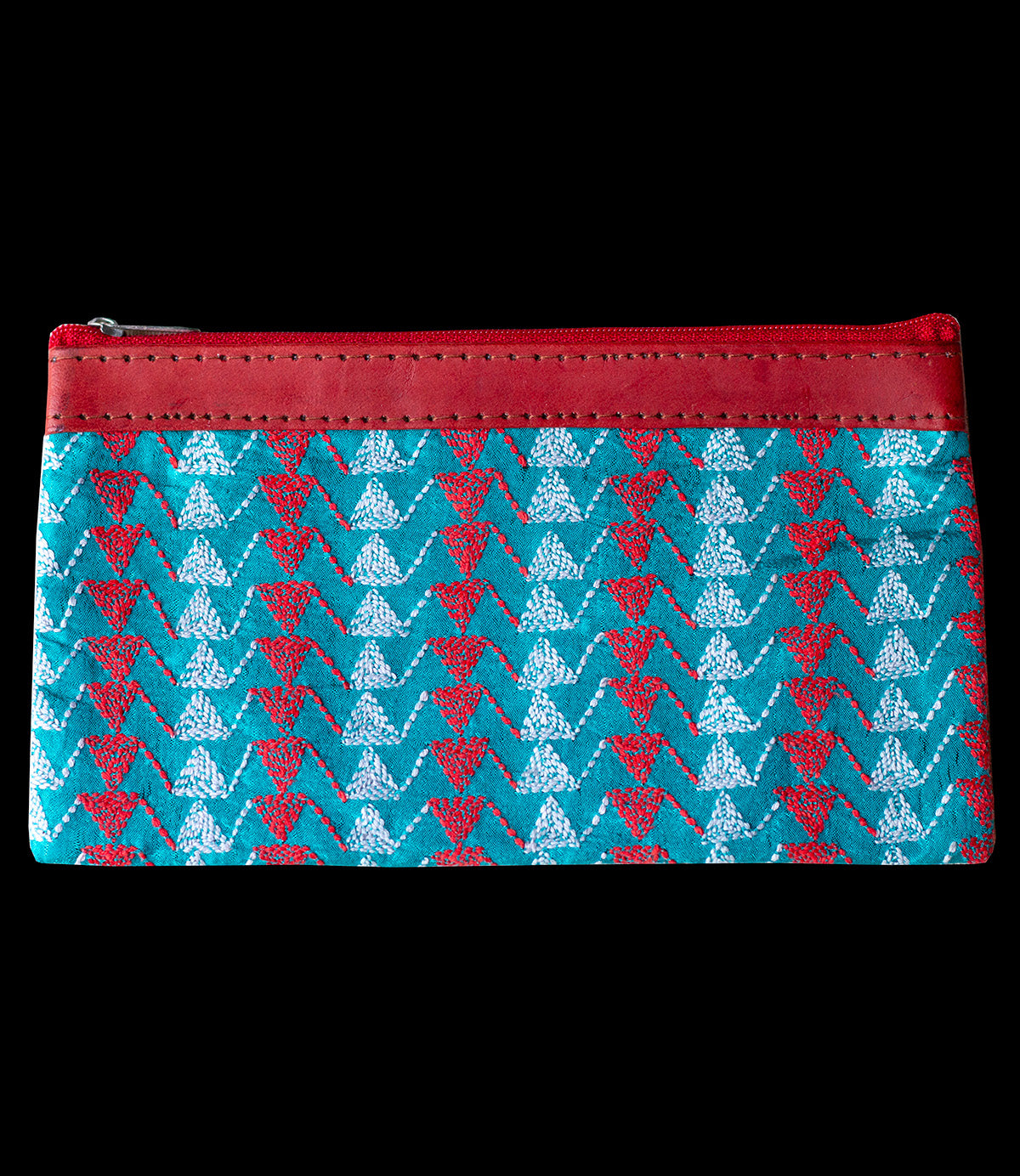 Embroidered silk pouch blue-red