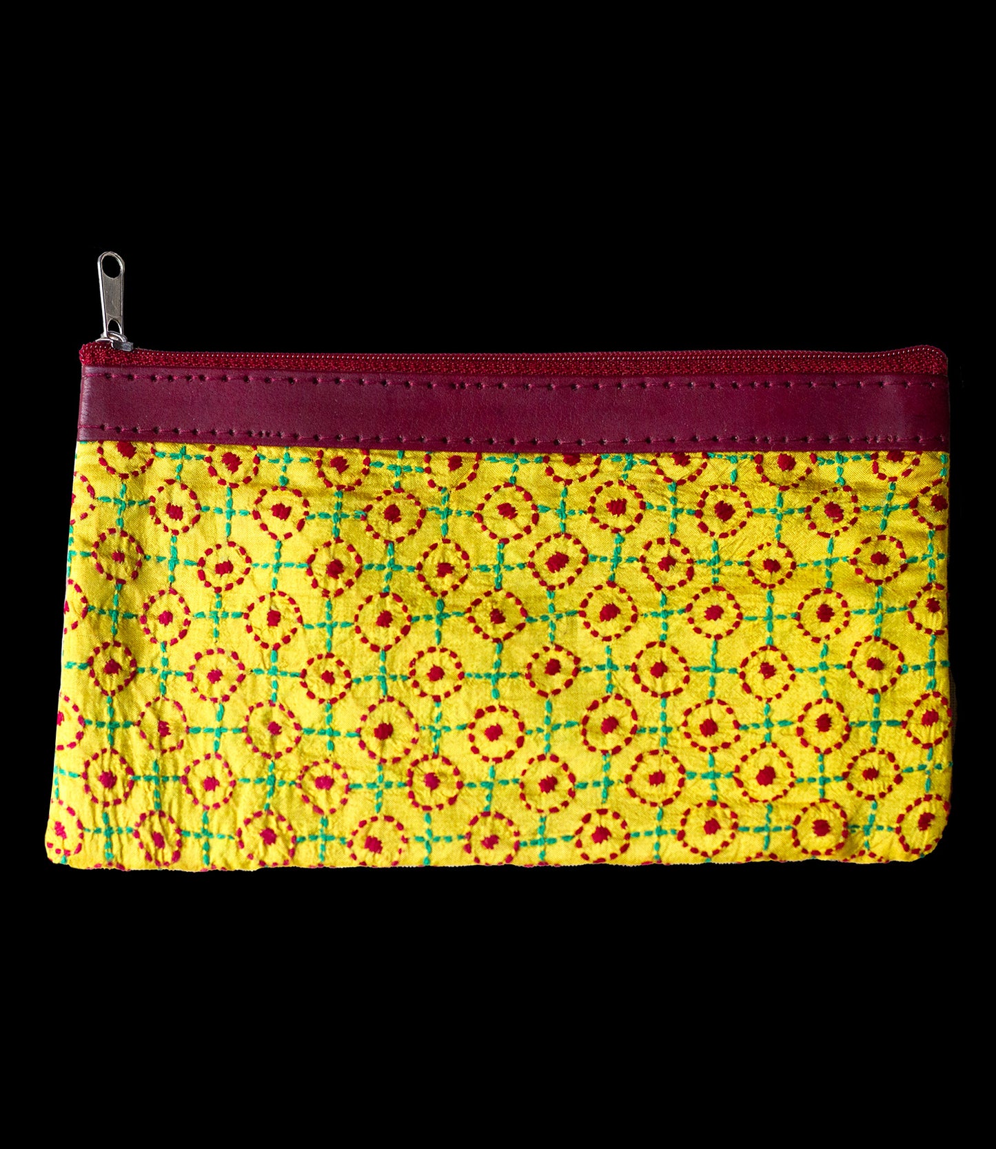 Embroidered silk pouch yellow-red