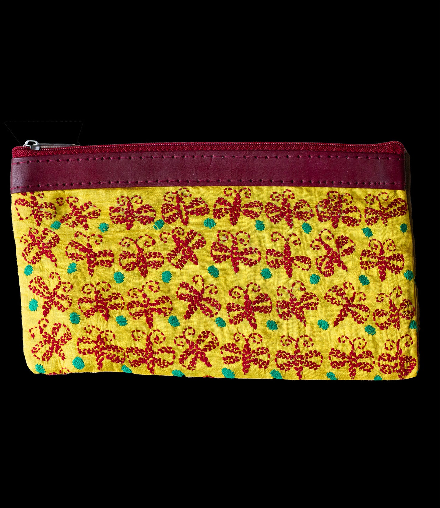 Embroidered silk pouch yellow
