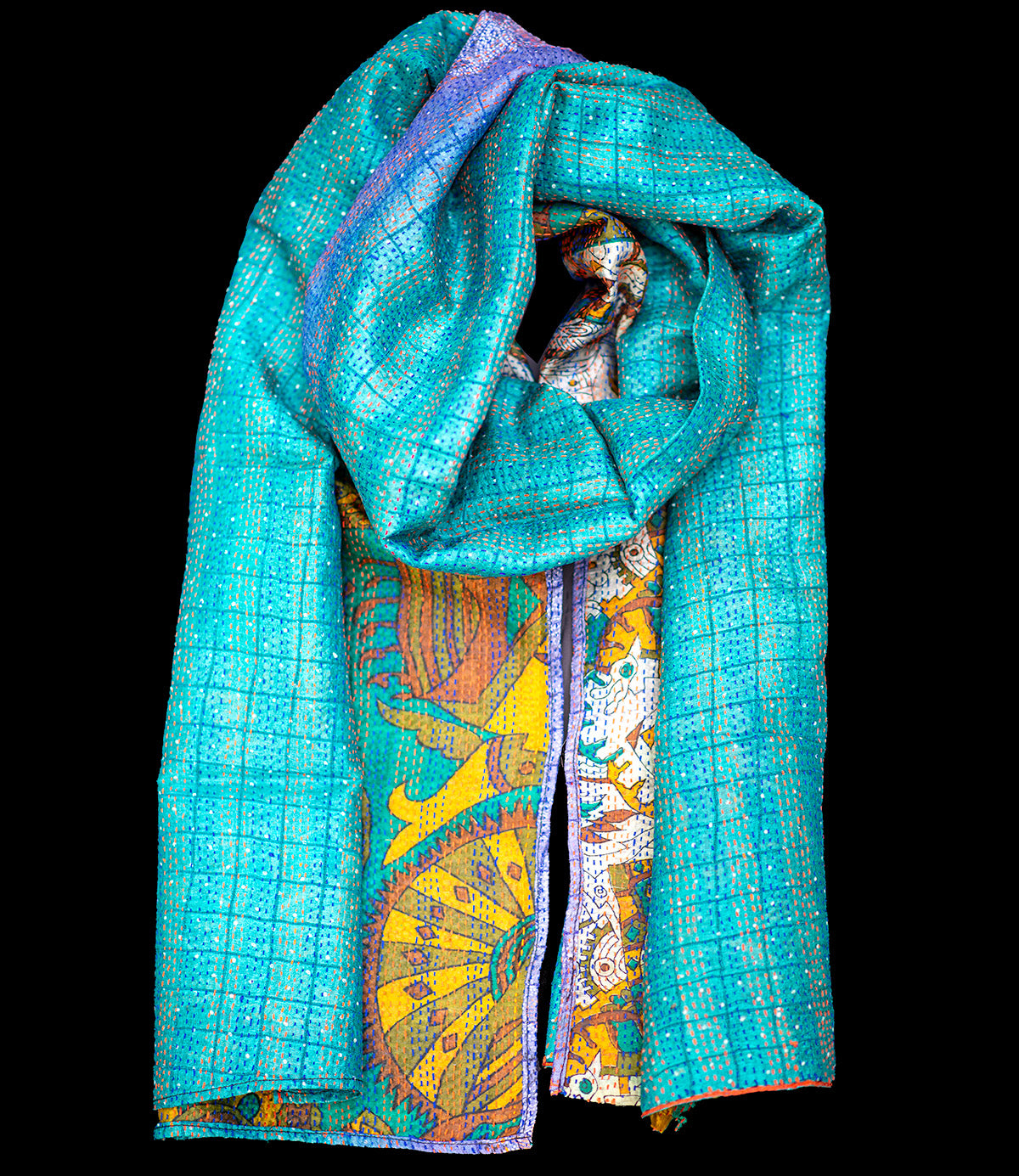Kantha sjaal hergebruikte zijde geel-turquoise