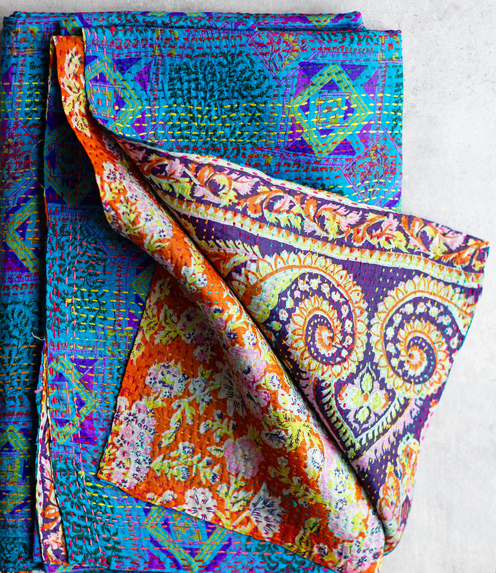 Kantha sjaal hergebruikte zijde blauw-oranje-print voor inkopers