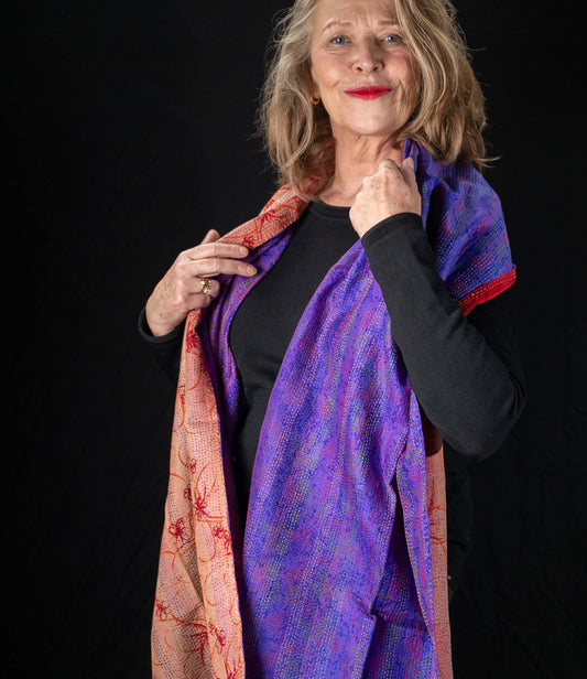 Kantha sjaal hergebruikte zijde Rood-Paars