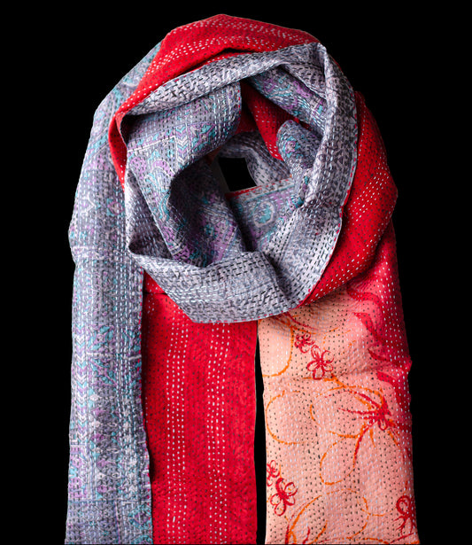 Kantha scarf recycled silk Red-Dark Gray