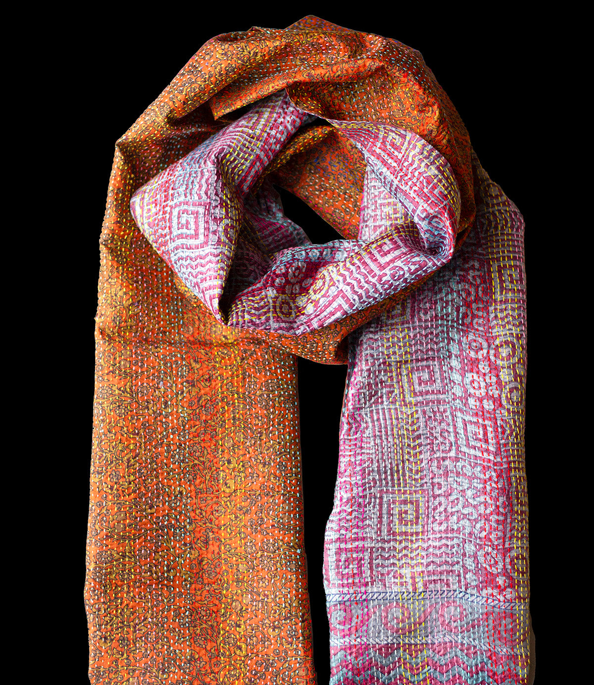 Kantha scarf recycled silk Brick Red-Brown
