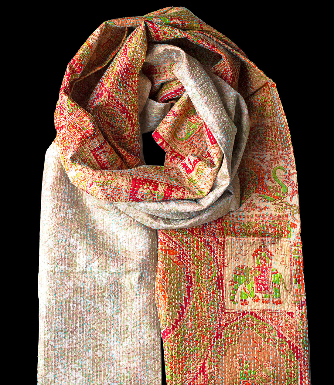 Kantha scarf recycled silk red-silver gray