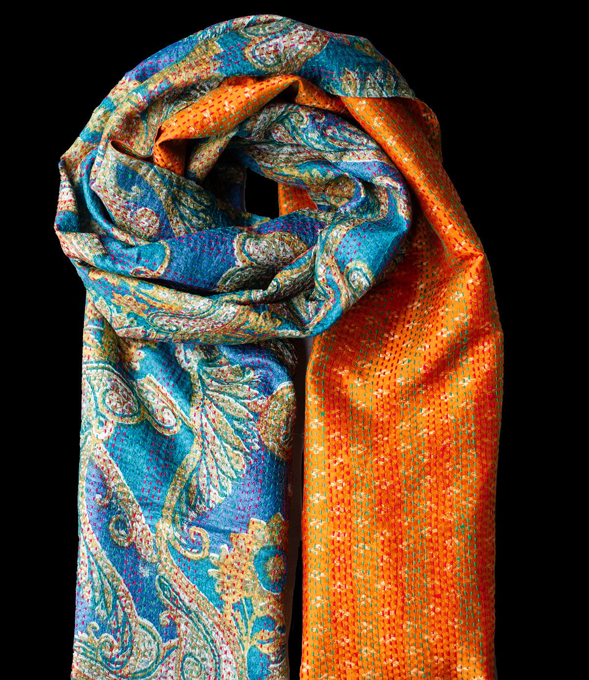 Kantha sjaal hergebruikte zijde blauw-oranje