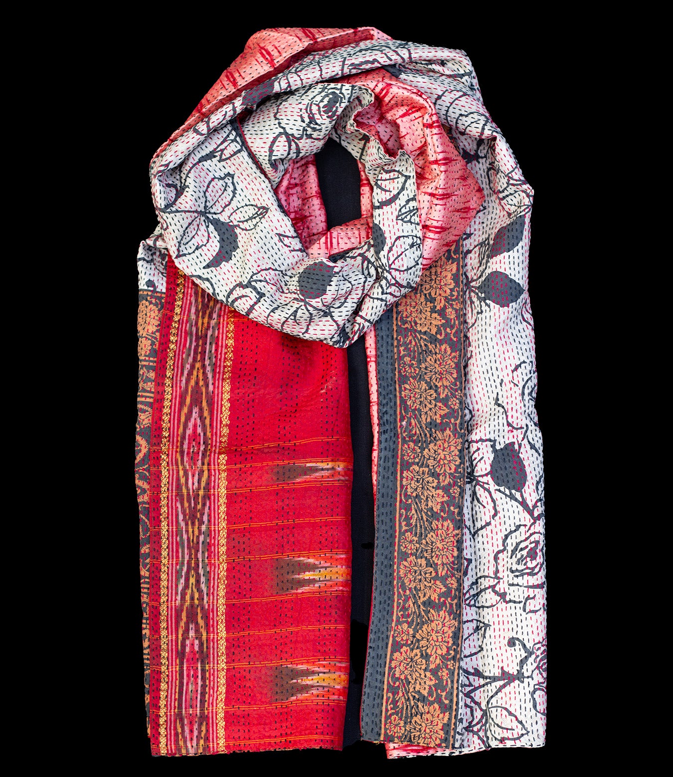 Kantha scarf recycled silk red-silver gray