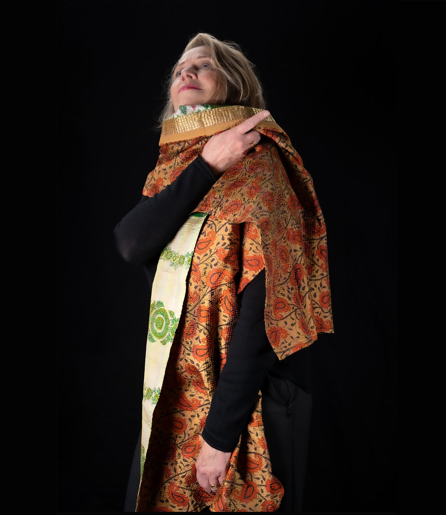 Kantha scarf recycled silk Orange-Green