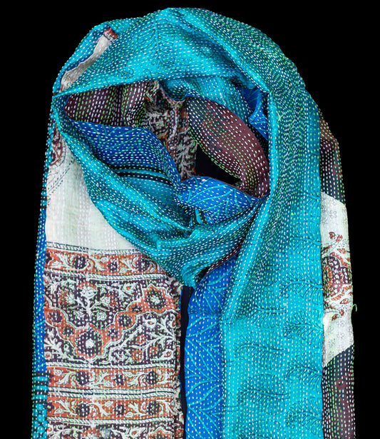 Kantha sjaal hergebruikte zijde Turquoise-Blauw