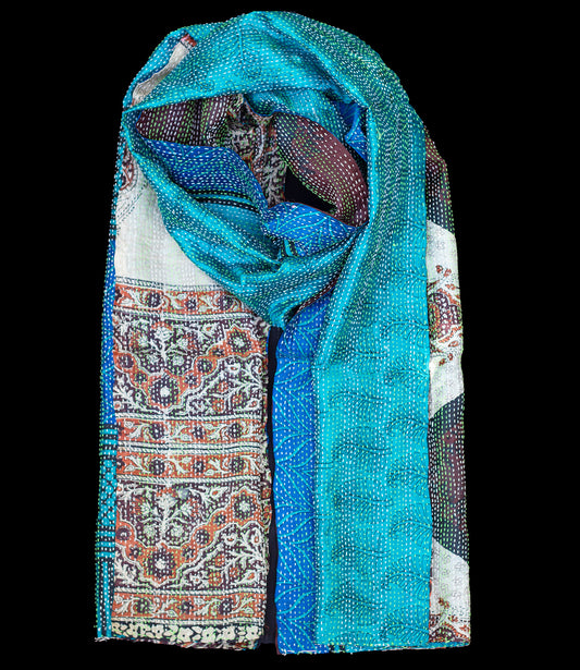 Kantha scarf recycled silk Red-Dark Gray