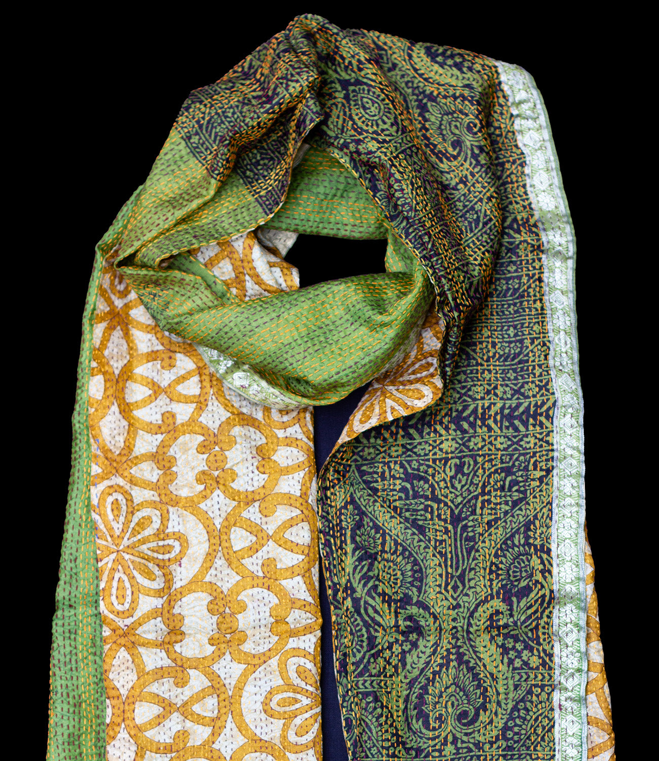 Kantha Schal recycelte Seide orange-grün