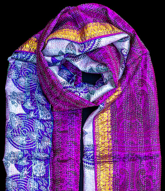 Kantha sjaal hergebruikte zijde Paars-Blauw met gouden rand