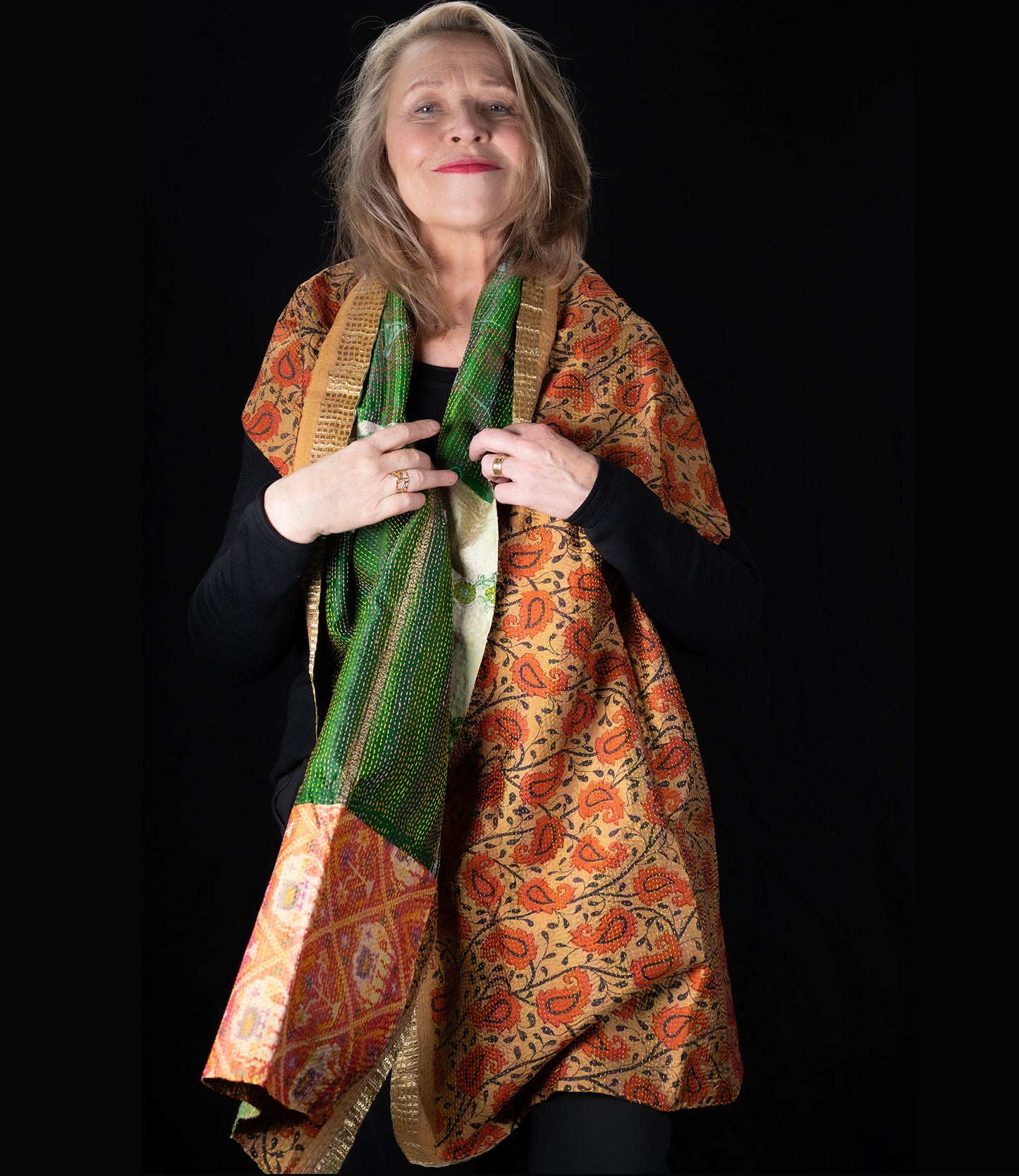 Kantha scarf recycled silk Orange-Green