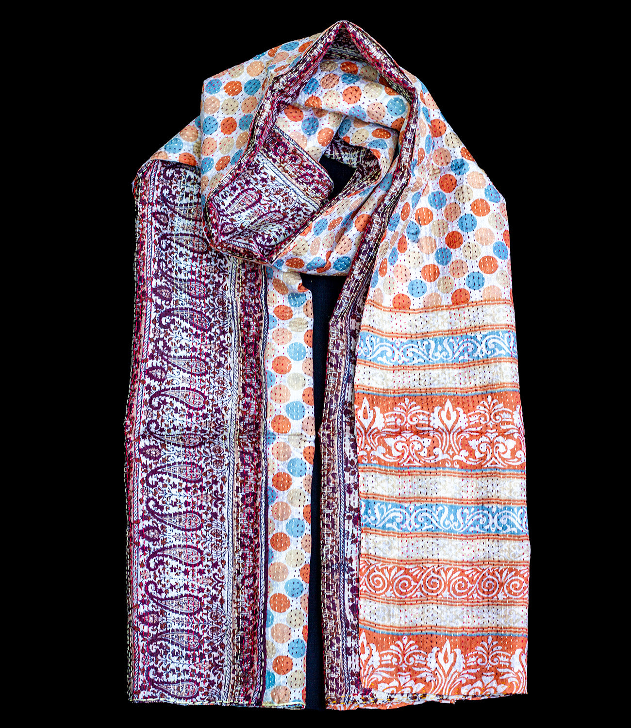 Kantha scarf recycled silk Orange-blue with gold edge