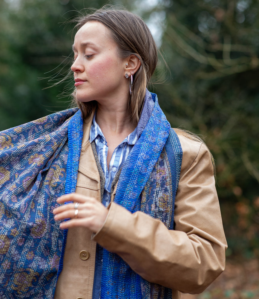 Kantha Sjaal zijde Lila-Blauw tweezijdig draagbaar